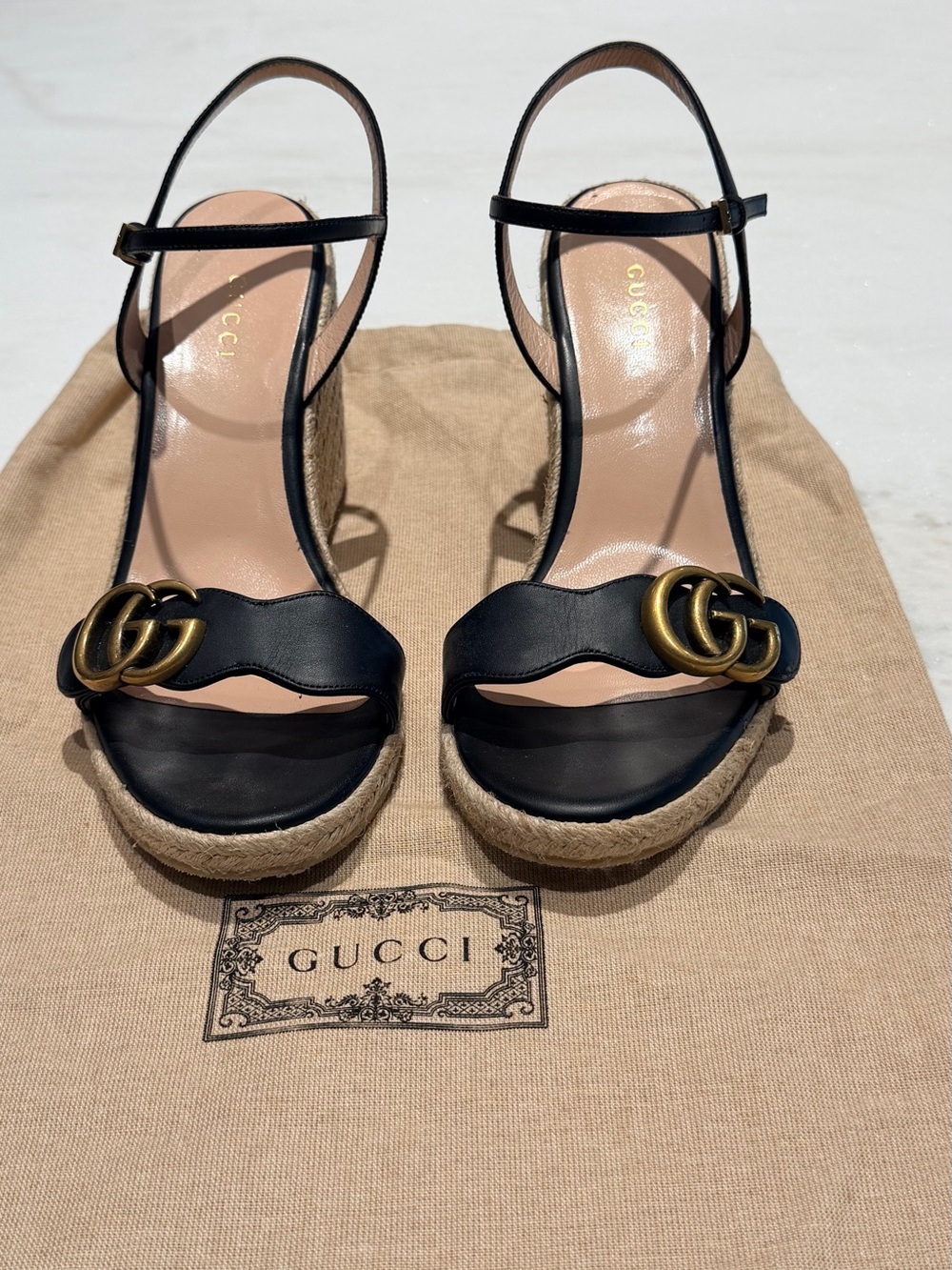 Gucci Black Leather Espadrille Wedge Sandals with Gold Double G Size EU 37.5